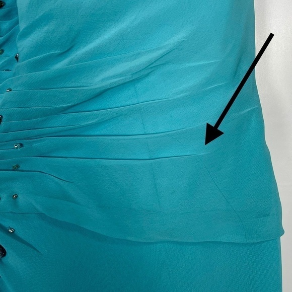 TONY BOWLS BEADED ONE SHOULDER HIGH SLIT CASCADE TRAIN PROM PAGEANT FORMAL GOWN - Picture 13 of 16